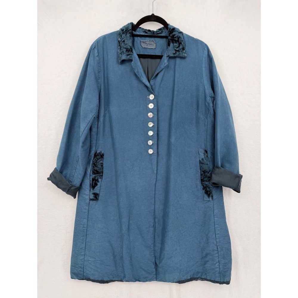 Robin Kaplan Silk Coat Med 2 Blue‎ Velvet Trim Art to Wear Lagenlook Eclectic